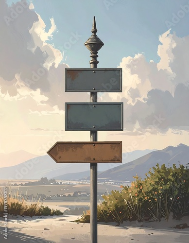 Painted illustration features a blank signpost with three empty rectangles, a landscape of rolling hills & sky