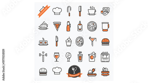 An assortment of food and drink related icons are presented in a grid.