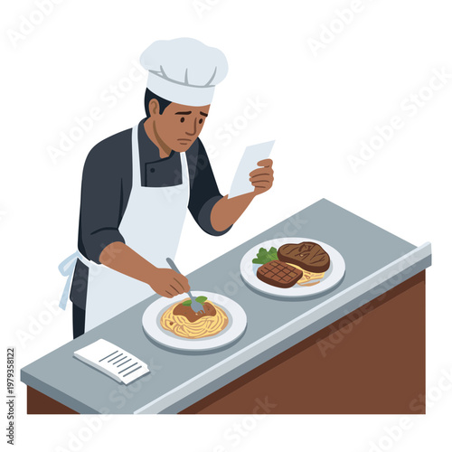 A chef prepares food on plates at a kitchen counter efficiently.