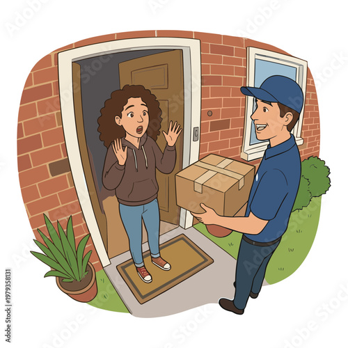 Delivery man handing packages to surprised woman at front door of house