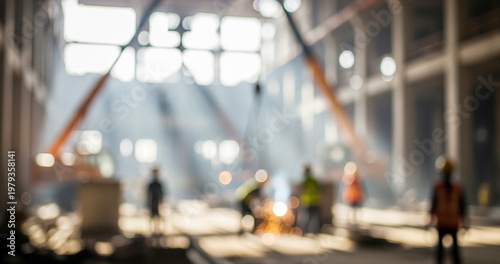 A blurred scene of construction workers in a large industrial space, illuminated by sunlight streaming through windows, showcasing an active construction site.