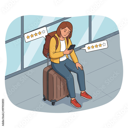A woman sits on a suitcase at an airport reading reviews on her phone.