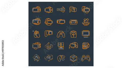 Gaming technology icons feature VR headsets and controllers.