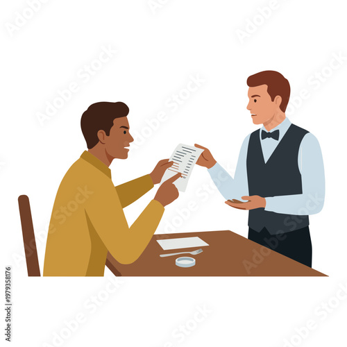 Man receives bill from waiter at restaurant table indoors
