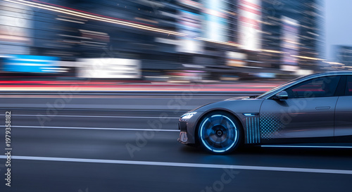 A sleek car speeds through the city streets at night with motion blur