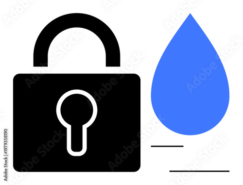 Water security, data protection, sustainability, resource management, digital safety, hydro technology. Black padlock and blue water drop. Resource management and data protection concept
