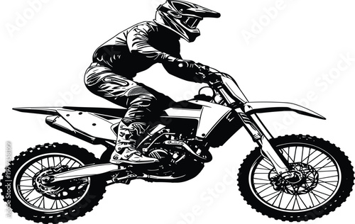 Motocross rider on dirt bike silhouette, black and white extreme sports vector illustration, professional motorcycle racer jumping, isolated on white background.