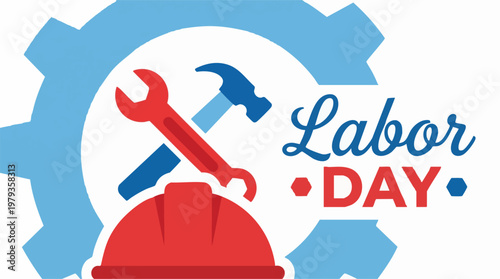 Labor Day holiday illustration with work tools, hard hat, and gear