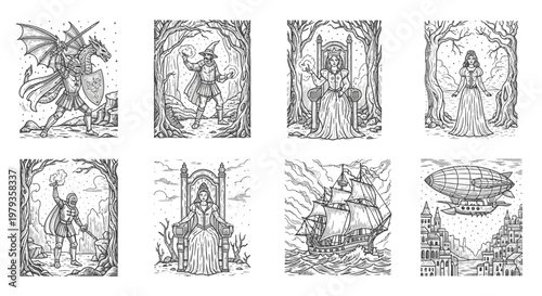 Fantasy illustration set dragon knight wizard queen princess ship airship vector