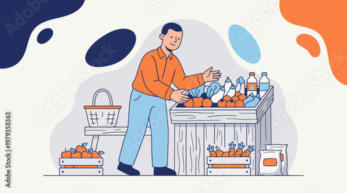 Male vendor selling fresh organic vegetables and fruits at a local market stall, flat line art vector illustration