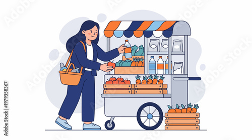 Flat vector illustration of a young woman shopping for fresh organic fruits and vegetables at a street market food stall cart.