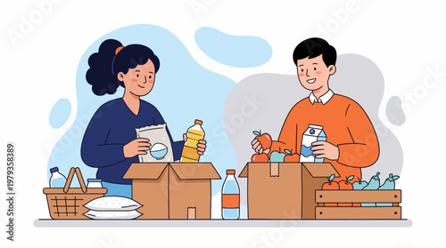 Diverse volunteers packing cardboard boxes with food and supplies for charity donation and humanitarian aid