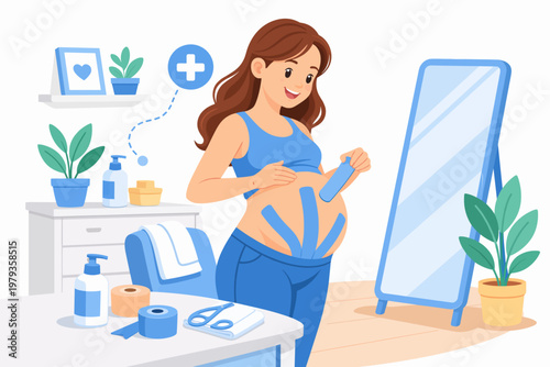 Pregnant woman applying tape to her belly while smiling indoors  
