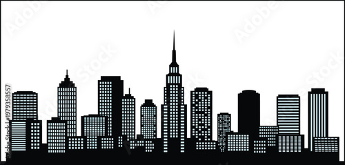 New York City skyline black silhouette illustration, featuring Empire State Building and Manhattan skyscrapers, urban landscape isolated on white background.