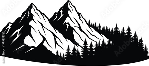 Mountain peak silhouette with pine forest landscape vector illustration for outdoor adventure logos camping gear decals and rustic nature themed designs