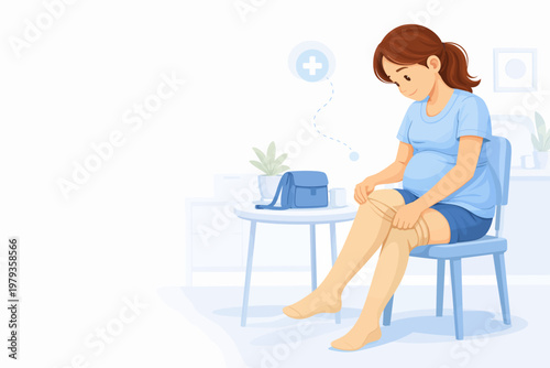 Pregnant woman examining her legs while sitting on a chair indoors  