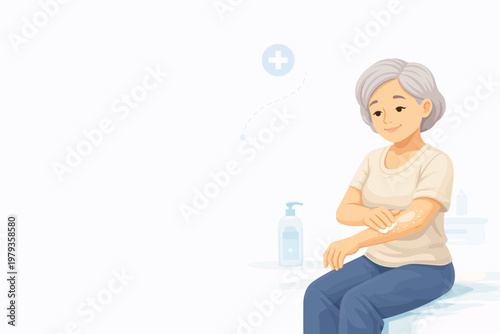Elderly woman applying lotion to her arm while sitting indoors  