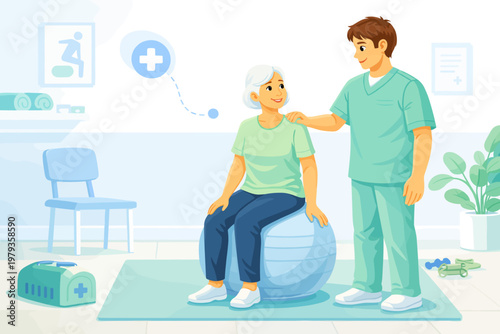 Elderly woman exercising on fitness ball in therapy session with nurse  