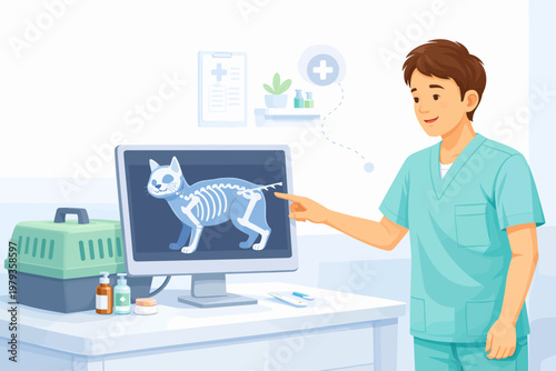 Veterinarian pointing at cat X-ray on computer screen in clinic  