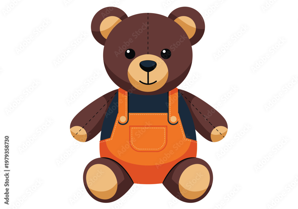 Obraz premium Cute Teddy Bear Wearing Orange Overalls Illustration, Flat Vector Design of Cuddly Stuffed Animal Toy for Kids, Baby Nursery Mascot Isolated on White Background