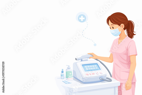 Female nurse using medical equipment in healthcare setting  