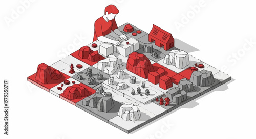Man playing a strategic board game with miniature terrain pieces and buildings, representing a tabletop simulation.