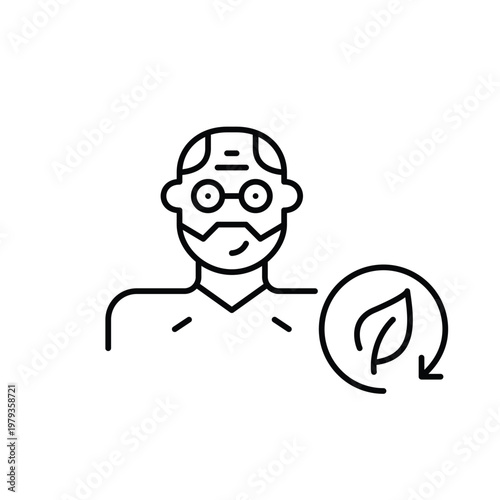 Sustainable user, middle-aged man wearing glasses and leaf in renew arrow. Pixel perfect, editable stroke vector icon