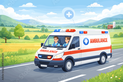 Ambulance driving on rural road with medical staff inside  