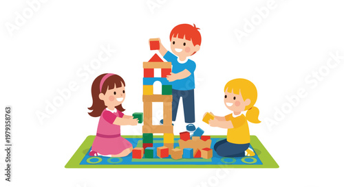 Three smiling children are happily building a tall tower out of colorful wooden blocks while playing together on a green patterned rug.