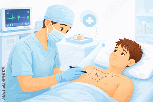 Surgeon preparing for operation by marking patient’s chest area  