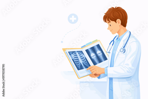 Male doctor examining X-ray images while standing indoors  