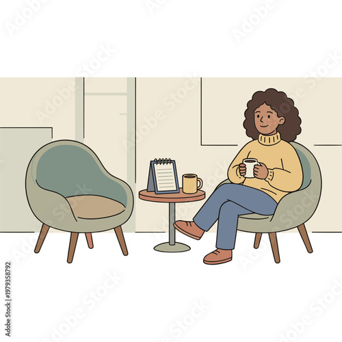 A woman sits relaxed in a chair with a cup of coffee in a cafe