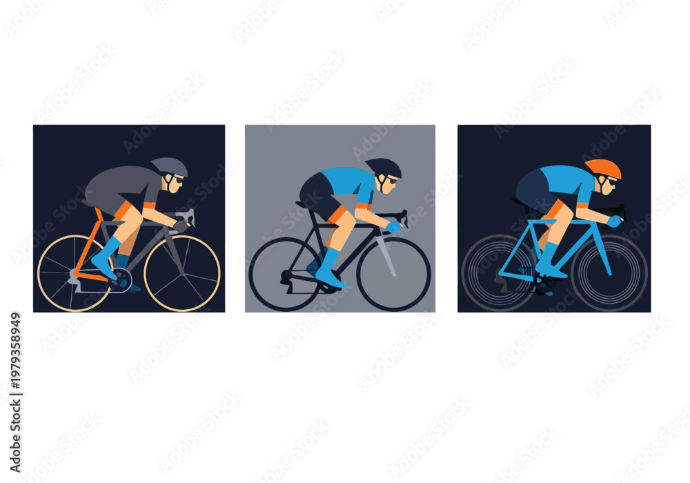 Fototapeta premium Set of Professional Road Cyclists in Minimalist Flat Design Illustration