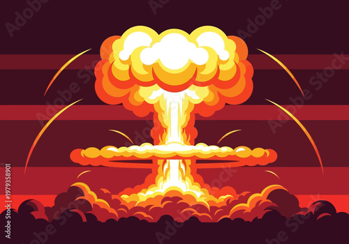 Vibrant Stylized Nuclear Explosion Mushroom Cloud Illustration, Atomic Bomb Blast Vector for Creative Concepts of Power, Energy, and Destruction