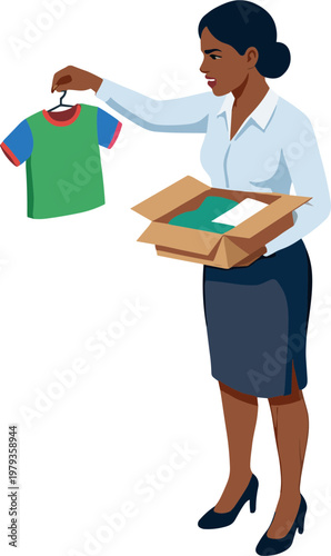 Woman holds clothing and box in office setting with organized outfit