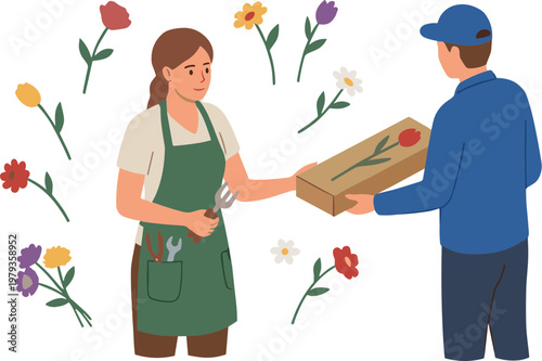 Woman handing flowers to man in delivery uniform outdoors among blooming garden