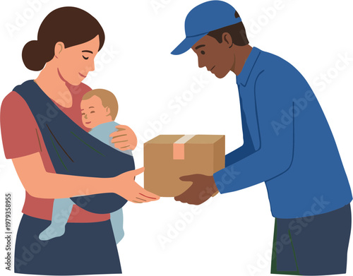 A delivery man hands a package to a woman carrying a baby.