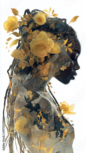 silhouette of an african american female with beautiful long locs hair with beautiful roses in her hair