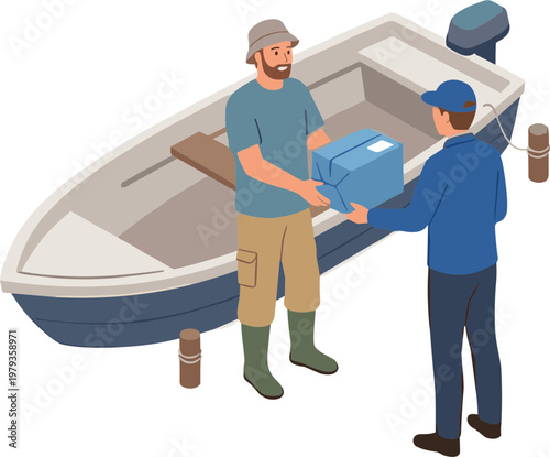Two men exchanging a box on a boat near a docked vessel