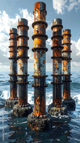 Several weathered, cylindrical structures emerge from the water with rusted surfaces, set against an ocean and sky