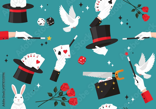 Seamless Pattern with Magic Show Elements: Magician Hands, Rabbit in Hat, Doves, Playing Cards, and Wands on Teal Background