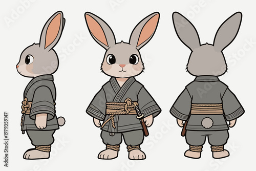 Cute Rabbit Character in Traditional Outfit (Front, Side, Back Views)