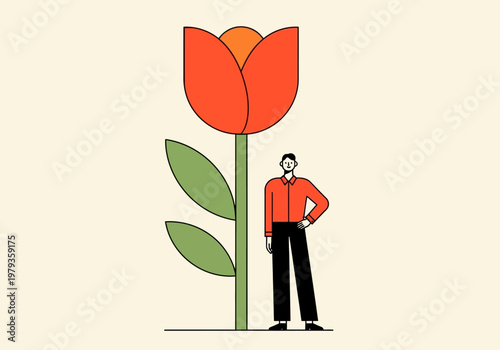 Growth and Success Concept: Minimalist Illustration of a Man Standing Next to a Giant Red Tulip Flower for Personal Development and Nature Themes