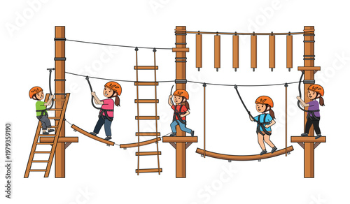 Vector Illustration of Kids Navigating High Ropes Adventure Course with Ladders, Platforms, Harnesses and Teamwork