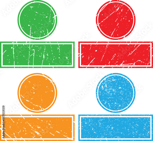 Grunge stamp badge set with circle and rectangle labels in red, green, blue and orange colors distressed texture ideal for approval, status tags and branding