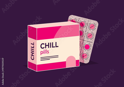 Chill Pills Box and Blister Pack Illustration - Conceptual Art for Relaxation, Anxiety Relief, Stress Management, and Mental Health Wellness
