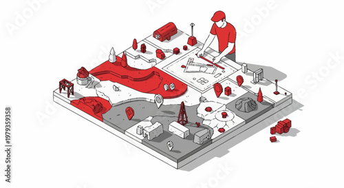 Architectural designer planning a miniature city model with buildings, roads, and landscape elements in isometric view.