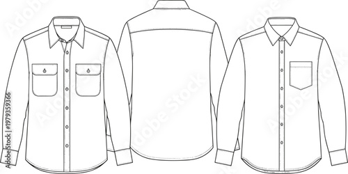 Men’s Long Sleeve Button Down Shirt Outline Mockup Front and Back View Classic Casual Apparel Technical Drawing Template Isolated on Transparent Background