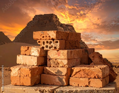 Stacked bricks in desert before a pyramidal structure under a dramatic, colorful sky at sunset