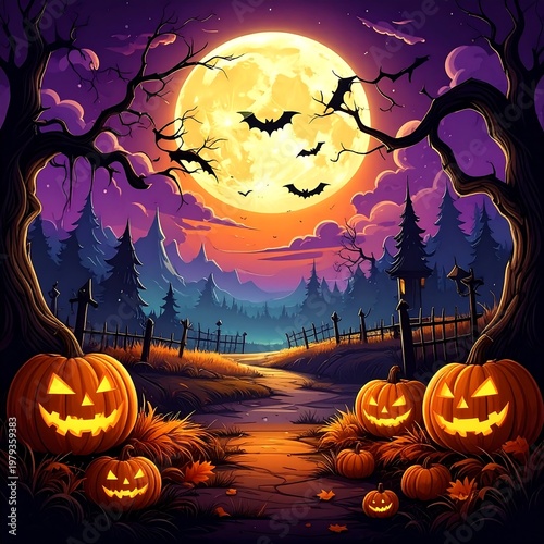 Spooky scene of Jack-o'-lanterns, spooky trees, bats and moon